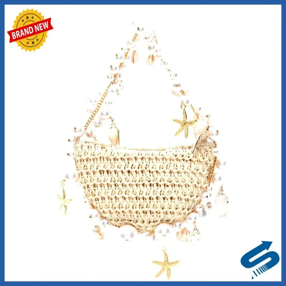 Handmade Straw Tote Bag Bohemian Beach Purse with Shell Pearl Embellishments